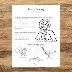 Mary Anning Coloring Page, Paleontology for Kids (Digital Download)