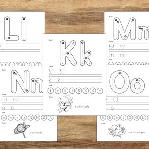 May include: Black and white printable worksheet for learning the letters L, I, K, N, M, and O. Each letter has a dotted line to trace and a picture to color. The letters are accompanied by the words "L is for...", "K is for...", "N is for...", and "O is for..."