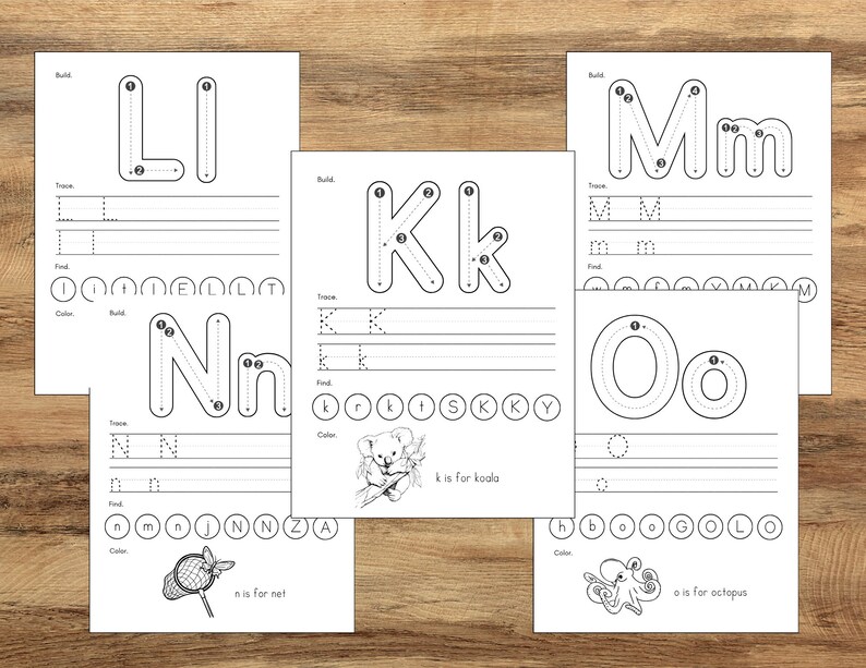 May include: Black and white printable worksheet for learning the letters L, I, K, N, M, and O. Each letter has a dotted line to trace and a picture to color. The letters are accompanied by the words "L is for...", "K is for...", "N is for...", and "O is for..."