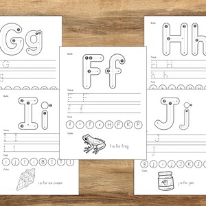 May include: Black and white printable worksheets for learning the alphabet. Each page features a letter, a dotted line to trace the letter, and a section to practice writing the letter. The worksheets also include a picture and a sentence that starts with the letter.