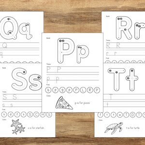 May include: Black and white printable worksheet for learning the letters P, Q, R, S, and T. Each letter has a dotted line for tracing and a picture representing the letter. The letter P is for pizza, Q is for queen, R is for rainbow, S is for starfish, and T is for turtle.