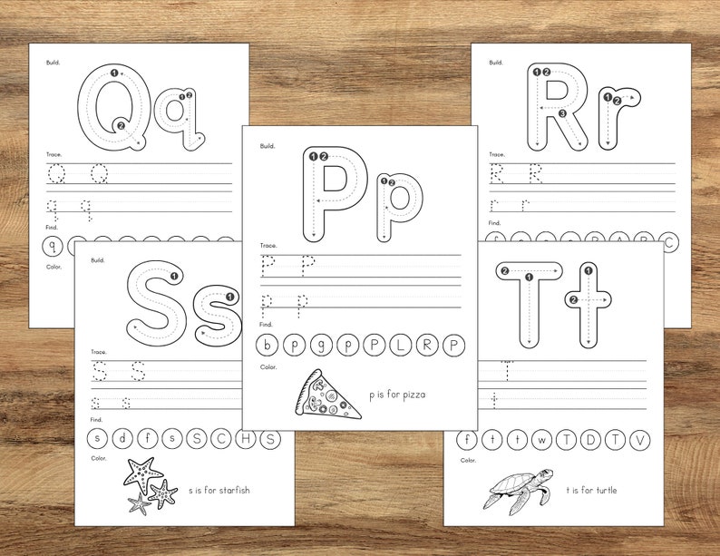May include: Black and white printable worksheet for learning the letters P, Q, R, S, and T. Each letter has a dotted line for tracing and a picture representing the letter. The letter P is for pizza, Q is for queen, R is for rainbow, S is for starfish, and T is for turtle.