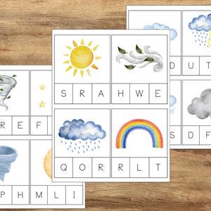 'Cartões de clipes de letras' sobre clima, recursos de aprendizagem do jardim de infância pré-escolar, atividade Montessori, cartões de vocabulário meteorológico, flashcards meteorológicos
