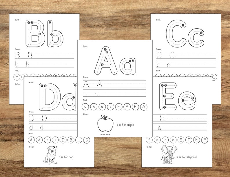 May include: Black and white printable worksheet for learning the alphabet. The worksheet features the letters A, B, C, D, and E with dotted lines for tracing. The letters are accompanied by pictures of an apple, a dog, an elephant, and a lowercase letter.
