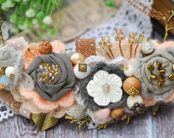 Grey rose necklace Floral Statement Necklace Statement long textile necklace Fabric Flower Necklaces Bride Necklace Wedding Jewelry vintage