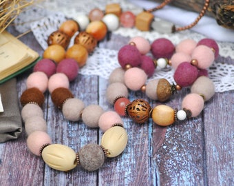 A set of bracelets and necklace Needle Felted Bead Necklace Statement Necklace Fabric Jewelry Handcrafted Necklace Felted Wool Necklace