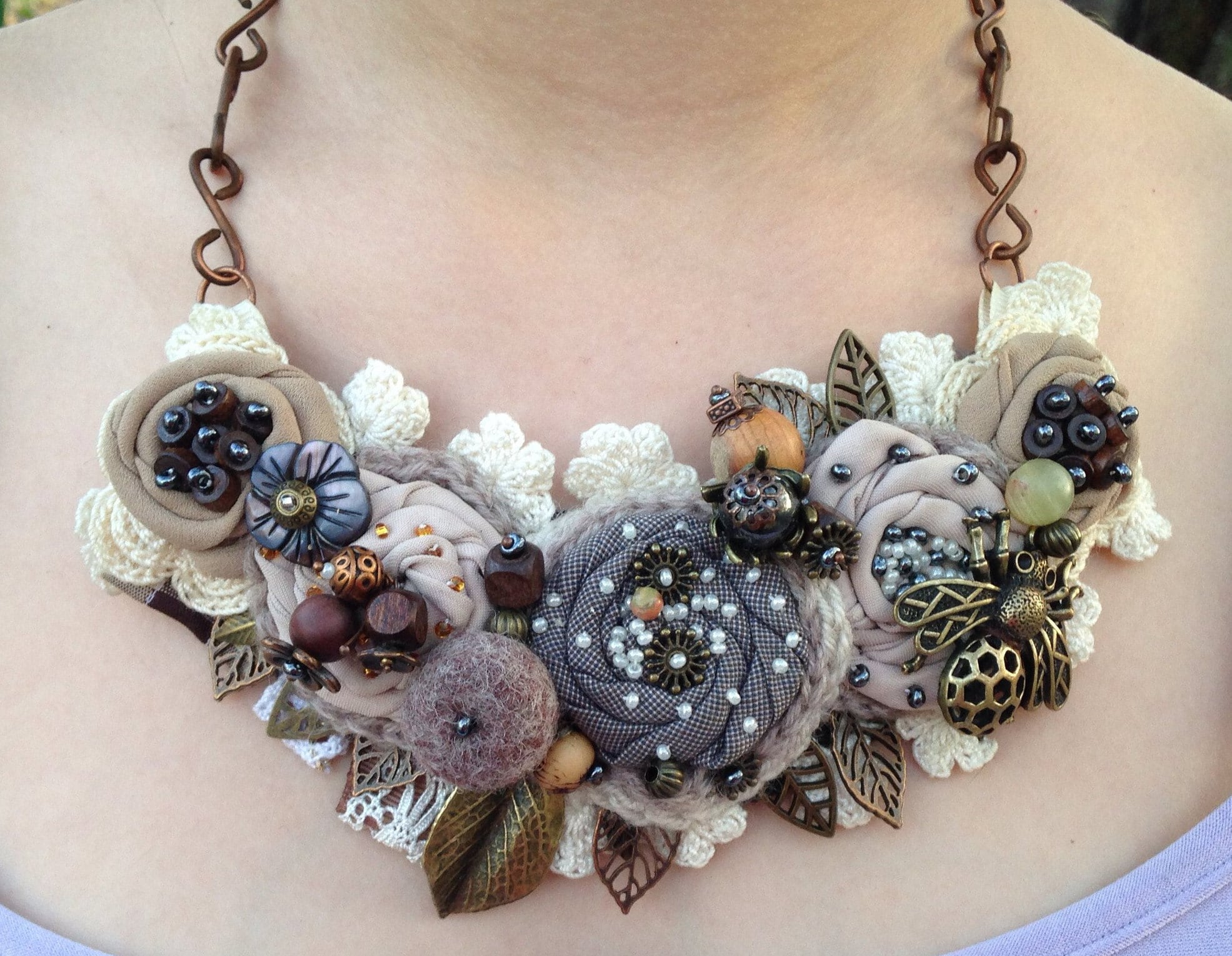 Brown Gray Textile Necklace Fabric Necklace Statement necklace Etsy