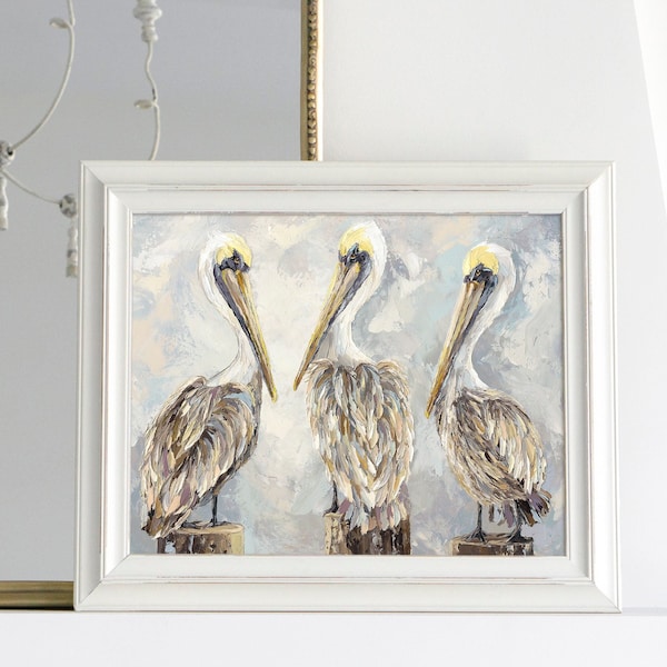 Three Pelicans Painting, Coastal Wildlife, Louisiana Painting, Birds in Acrylic, New Orleans Art, NOLA Artist, Southern Art, Prints & Canvas