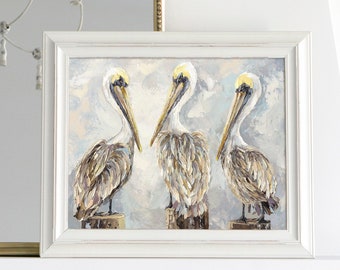 Three Pelicans Painting, Coastal Wildlife, Louisiana Painting, Birds in Acrylic, New Orleans Art, NOLA Artist, Southern Art, Prints & Canvas