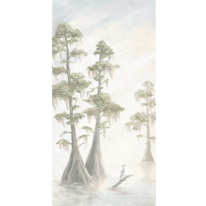 Bayou Marsh Landscape Neutral | Louisiana Alligator Art Print | Cajun Wildlife Painting | Modern Southern Art with egrets, cypress trees