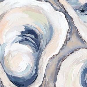 May include: Abstract oil painting with a swirling design in shades of white, blue, and beige. The textured brushstrokes create a sense of movement and depth. The artwork evokes a sense of calm and serenity, suitable for home decor.