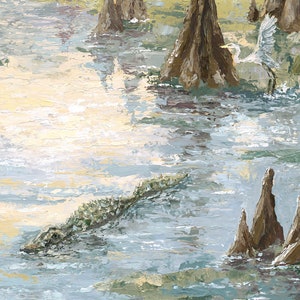 May include: An oil painting depicts a swamp scene with an alligator swimming in the water. A white egret stands near the shore. The painting uses a palette of blues, greens, browns, and yellows to create a textured, impressionistic effect.