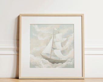 Sailboat Nursery Art Print, Neutral Coastal Ship, Children's Room Decor