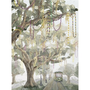 Impressão artística do bonde de Nova Orleans – Contas de Mardi Gras na Linha St. Charles | Arte de parede de Nova Orleans | Decoração sulista clássica | Casey Langteau