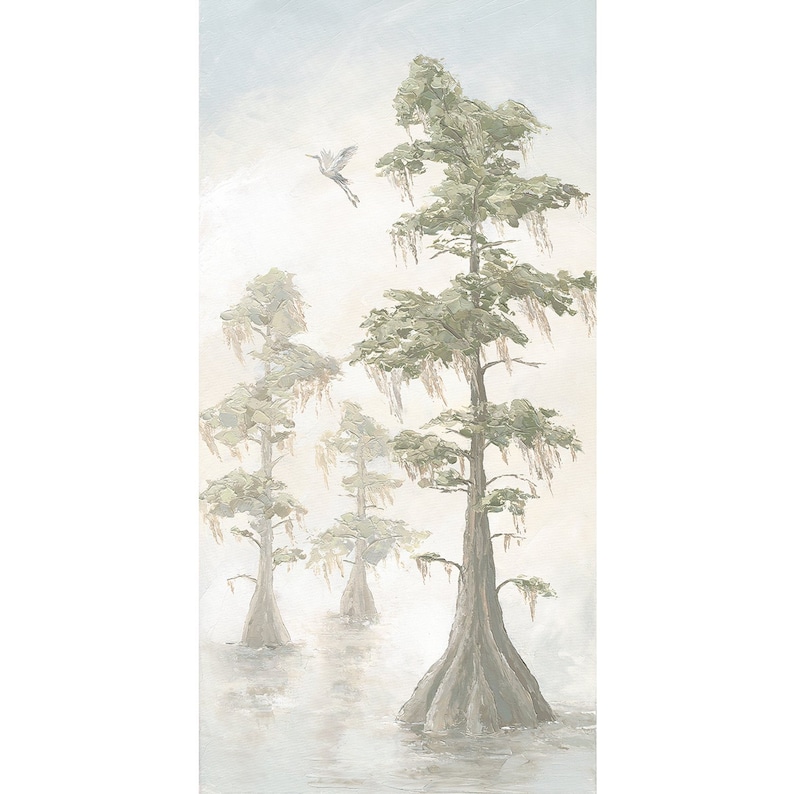 Neutral Bayou Landscape | Louisiana Alligator Art Print | Cajun Wildlife Painting | Modern Southern Art with egrets, cypress trees