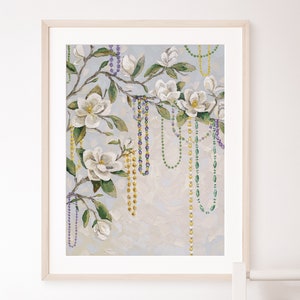New Orleans Magnolia Art Print with Mardi Gras Beads | Southern Floral Wall Decor | Neutral Botanical Painting | NOLA Mardi Gras Art
