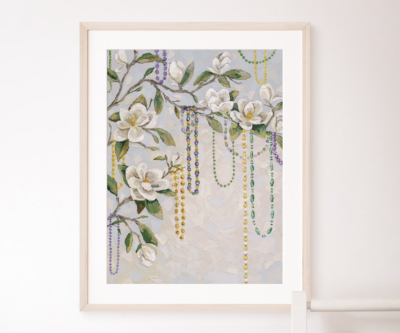 New Orleans Magnolia Art Print with Mardi Gras Beads | Southern Floral Wall Decor | Neutral Botanical Painting | NOLA Mardi Gras Art
