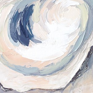 May include: Abstract oil painting with a textured, impasto style. The artwork features a swirling composition of white, light blue, and beige hues, with a central dark blue accent. The brushstrokes create a sense of depth and movement.