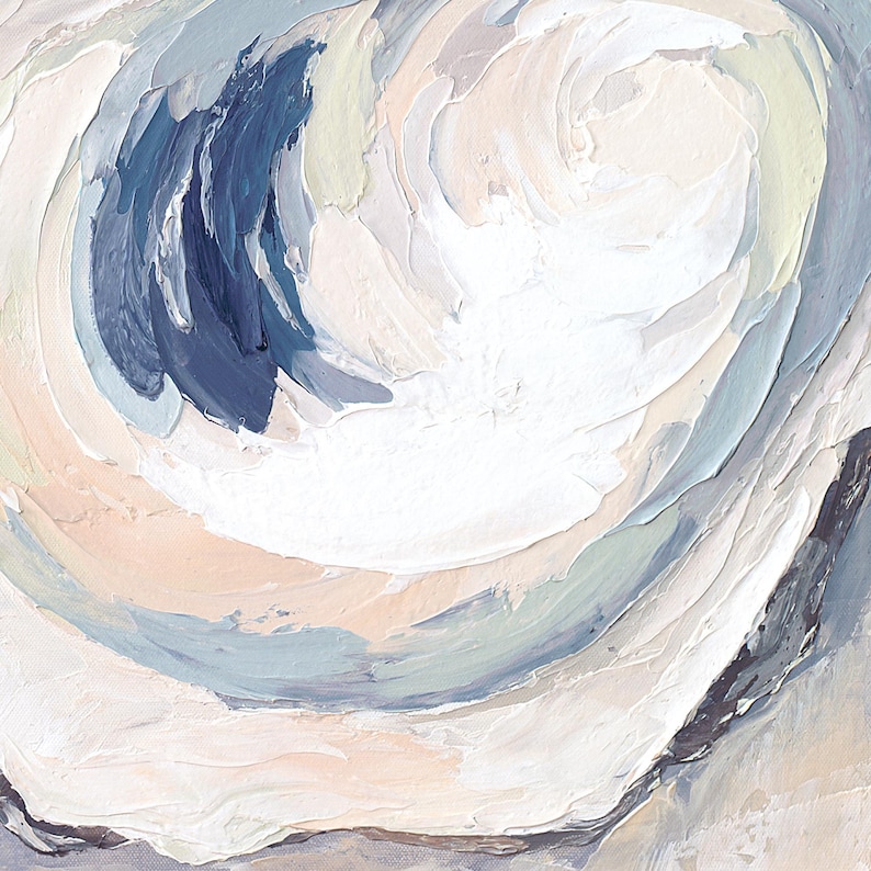 May include: Abstract oil painting with a textured, impasto style. The artwork features a swirling composition of white, light blue, and beige hues, with a central dark blue accent. The brushstrokes create a sense of depth and movement.