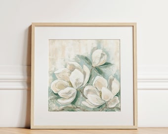 Magnolia flowers painting, left, southern belle, impasto painting, fine art print, pastel wall art, paper print, Mother's Day, Louisiana