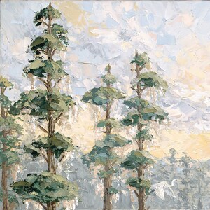 May include: Oil painting of a landscape featuring tall green trees with textured brushstrokes. The artwork depicts a serene scene with a white bird in flight against a backdrop of a cloudy sky and soft yellow hues.