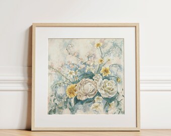 Floral bouquet painting, birth month flowers, southern art, impasto painting, fine art print, pastel wall art, paper print, Mother's Day