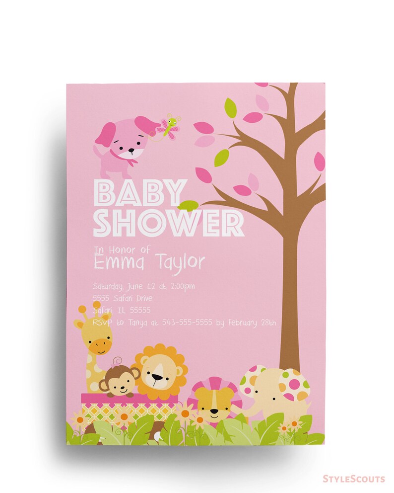 Safari Baby Shower Invitation Baby Girl Invite, Birthday Invitation