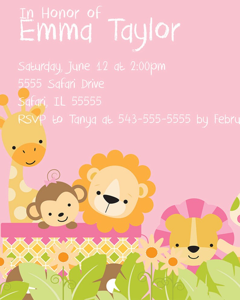 Safari Baby Shower Invitation Baby Girl Invite, Birthday Invitation