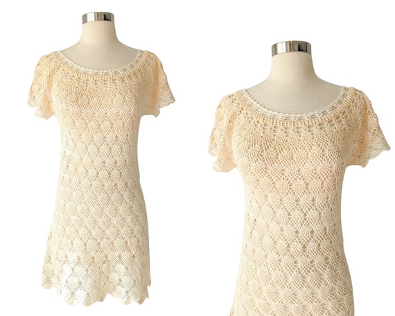 Vintage Crochet Dress - Mini Babydoll Handmade Kni