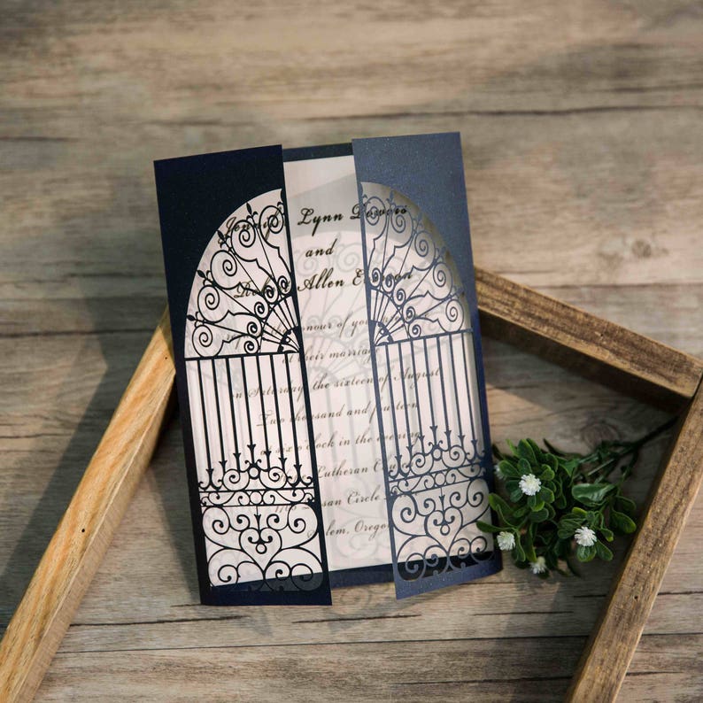 Invitations Navy Invitation Lot of 50 Invitation Suite Invitation Set laser Invitations Wedding Invitation Gate Invitation