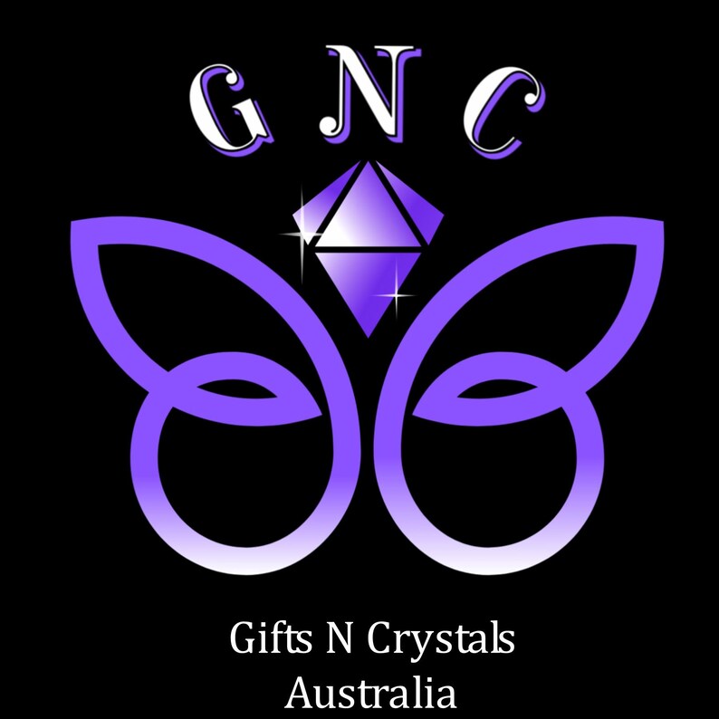 May include: A logo for Gifts N Crystals Australia on a black background. The logo features the letters "GNC" in white, above a purple butterfly design with a diamond in the center. The text "Gifts N Crystals Australia" is below the butterfly.