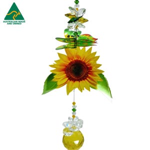 Sunflower and Butterfly Crystal Suncatcher gift, yellow green handmade window wall art hanging rainbow prism.
