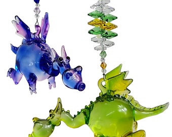 Baby Dragon Crystal Suncatcher, blown glass rainbow fengshui window hanging prism gift,  light sun catcher suncatchers