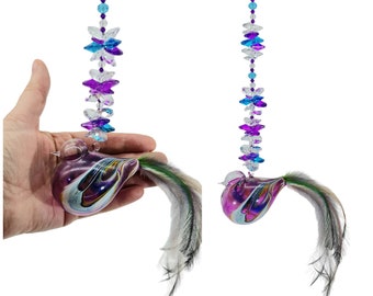 1 ONLY Stunning purple blown glass bird crystal suncatcher gift. 43cm long with emu feather . Window hanging decore crystals. Birthday gift.