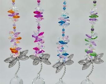 Dragonfly Crystal Suncatcher Gift, 30mm clear ball with pastel octagon crystals. Window hanging pendant prism sun catcher suncatchers