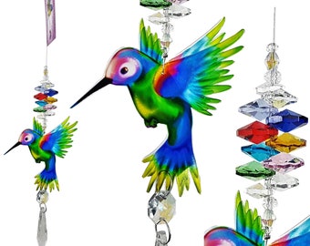 Pretty humming bird crystal suncatcher gift, window hanging light catcher pendant, beautiful colored bird with rainbow crystals.