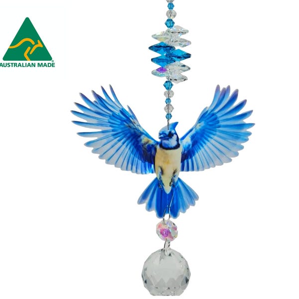 Handmade Blue Jay Bird Crystal Suncatcher Gift - Nature-Inspired Home Decor