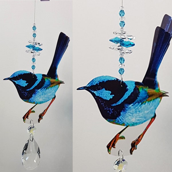 Blue fairy wren crystal suncatcher gift, window hanging light catcher prism, beautiful coloured bird, sun catcher suncatchers