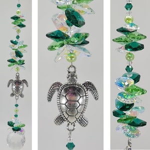 Large Green Turtle Suncatcher, crystal sun catcher gift, hanging glass rainbow prism crystals. handmade suncatchers made in Australia