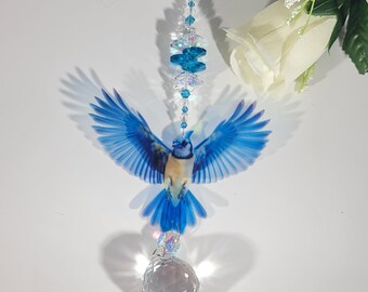 Blue Jay Crystal Suncatcher gift. Handmade Custom Bird Suncatchers. Made in AU Window-hanging suncatchers handmade in AU. Blue bird gifts