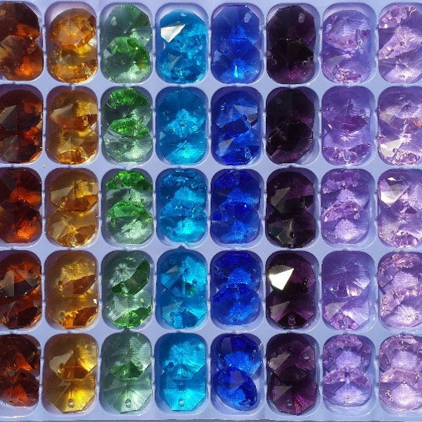 100 x 14 mm 1 trou/2 trous octogonaux attrape-soleil en cristal couleurs unies #2, utilisé pour la fabrication d'attrape-soleil, la réparation de lustres, l'artisanat de bijoux