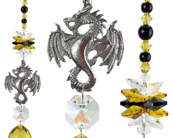 Dragon crystal suncatcher yellow/black sphere with pewter pendant, rainbow hanging gift suncatchers sun catcher lightcatcher