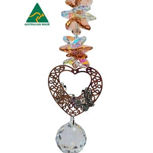 Silver Butterfly Heart Crystal Suncatcher gifts. Handmade rainbow window hanging pendant crystals. Australian made.