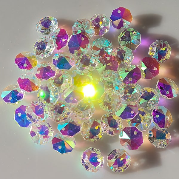 100 perles attrape-soleil octogonales transparentes AB, 1 ou 2 trous. 10 mm 12 mm 14 mm. Utilisé pour la fabrication de bijoux attrape-soleil arc-en-ciel