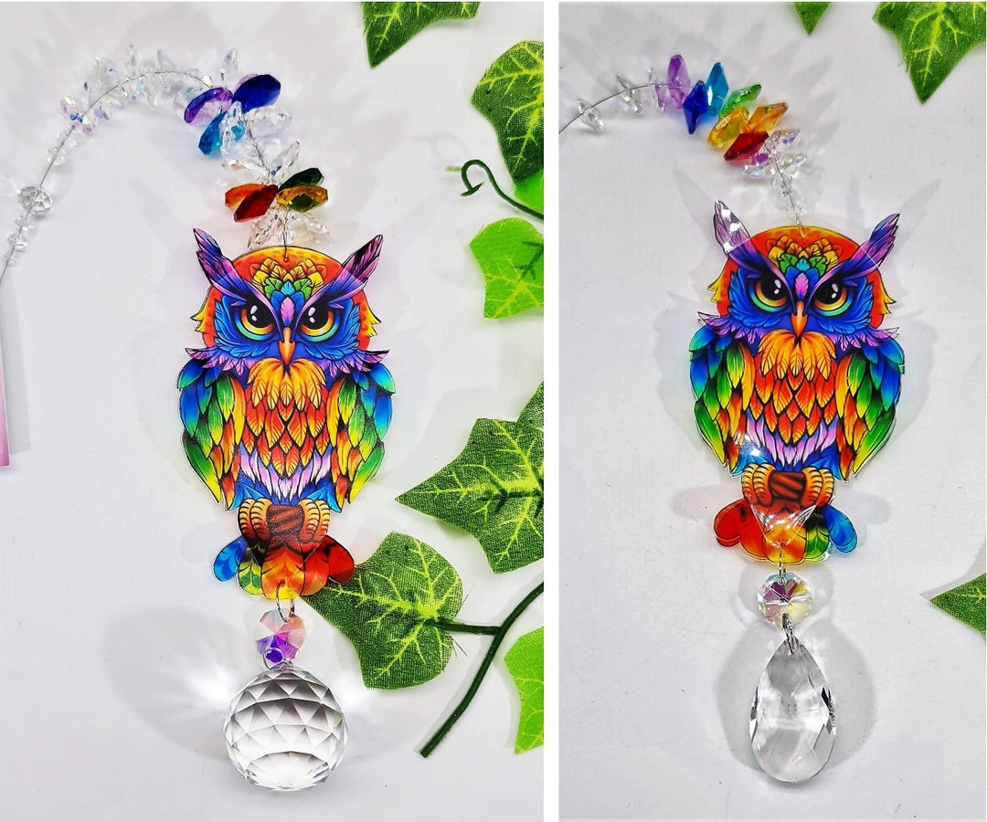 Rainbow Owl Crystal Suncatcher Gift, With Clusters of Chakra Colored