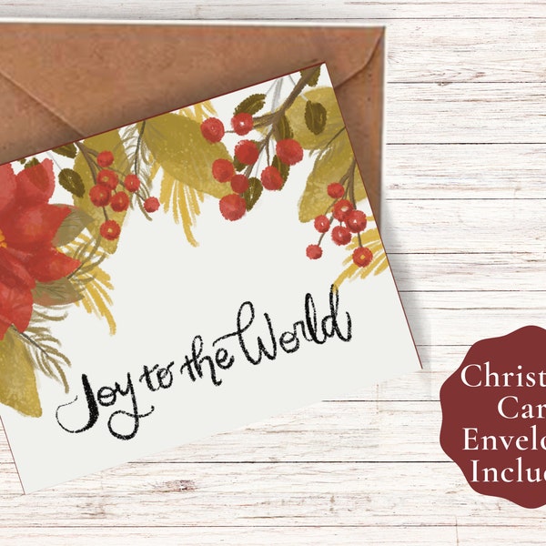 Joy to the World Christmas Card, Christmas Card Pack, Botanical Christmas Card, Colorful Christmas Card, Holiday Cards, Christmas Card pack
