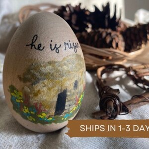 Hand Painted Wooden Easter Egg, Garden Tomb Scene, Garden Tomb Easter Egg, Christian Easter Art, He is Risen Art, Easter Egg Decor, Easter image 2