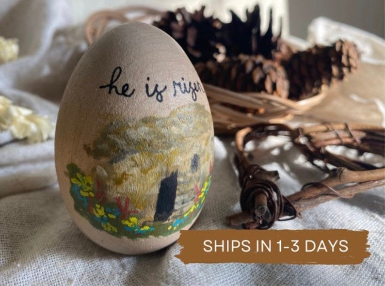 Hand Painted Wooden Easter Egg, Garden Tomb Scene, Garden Tomb Easter Egg, Christian Easter Art, He is Risen Art, Easter Egg Decor, Easter image 2