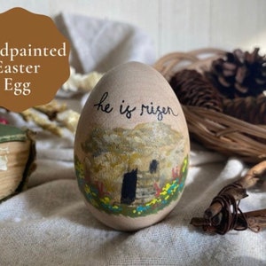 Hand Painted Wooden Easter Egg, Garden Tomb Scene, Garden Tomb Easter Egg, Christian Easter Art, He is Risen Art, Easter Egg Decor, Easter image 1