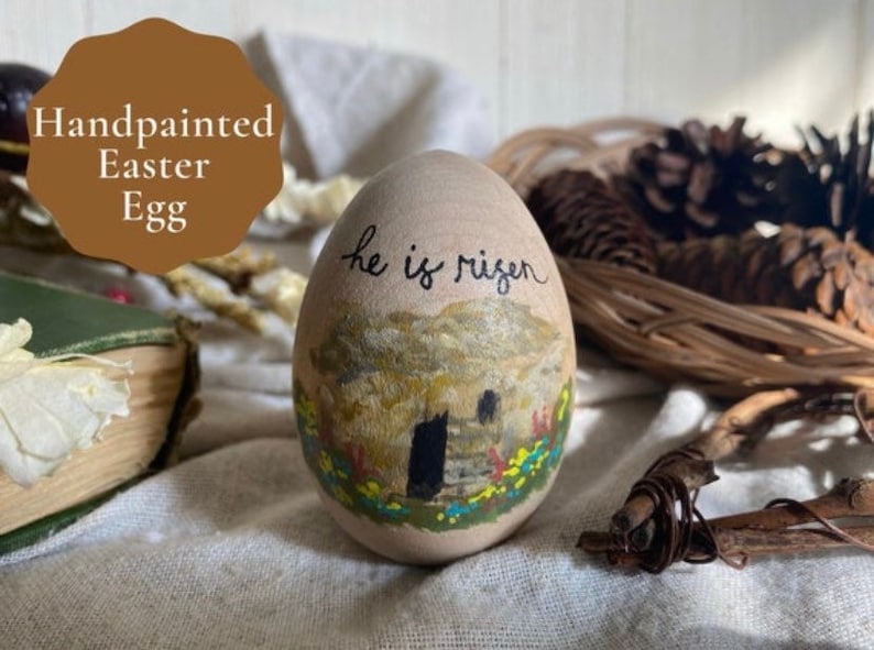 Hand Painted Wooden Easter Egg, Garden Tomb Scene, Garden Tomb Easter Egg, Christian Easter Art, He is Risen Art, Easter Egg Decor, Easter image 1